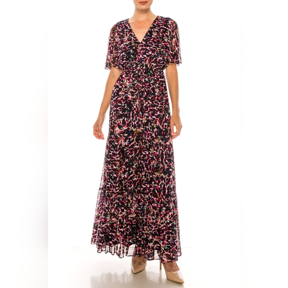 Donna Morgan Navy Pink Animal Print Short Sleeve Maxi Dress - Picture 1 of 5